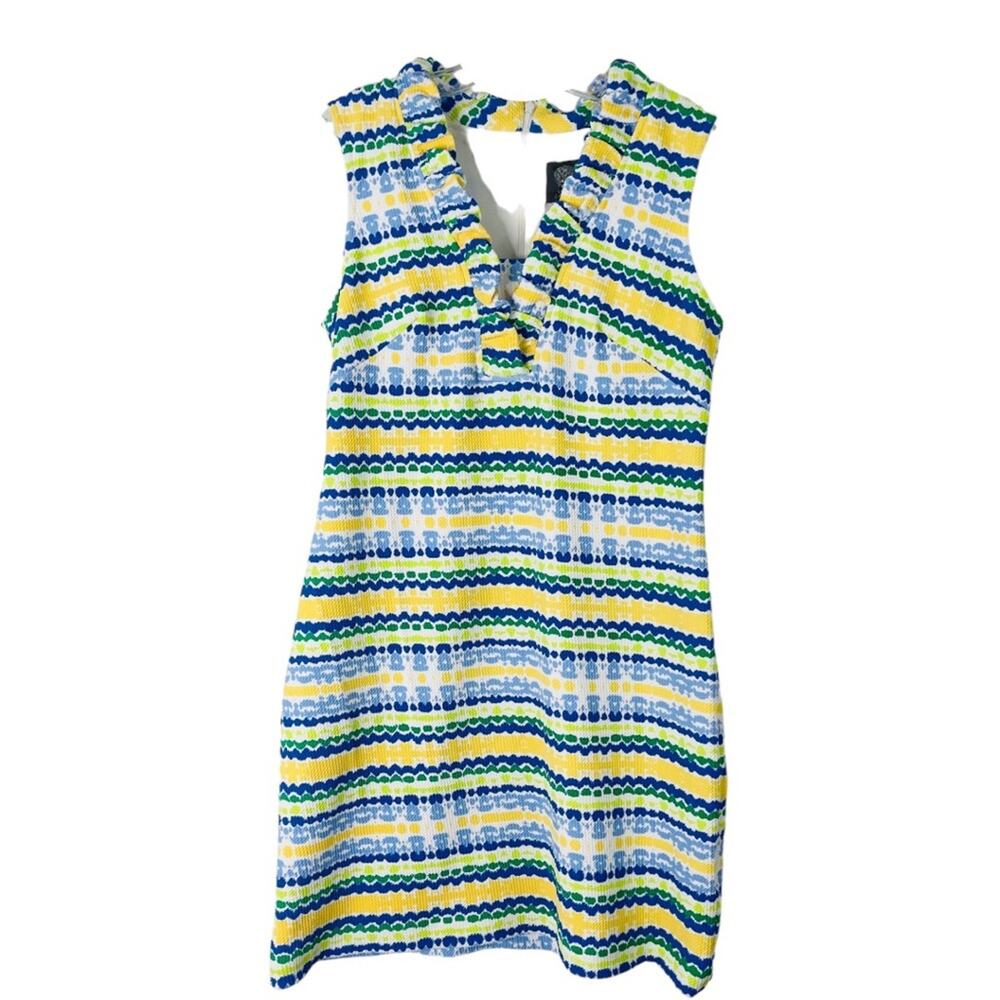 Vince Camuto blue white yellow striped textured ruffle stretch midi dress 10